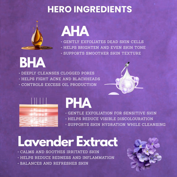 Lavender Face Wash with AHA + BHA + PHA – Deep Cleanse & Acne Control - 120ml
