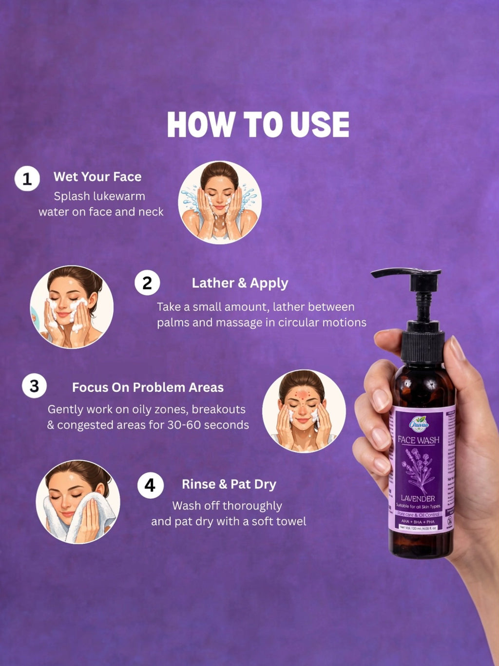 Lavender Face Wash with AHA + BHA + PHA – Deep Cleanse & Acne Control - 120ml